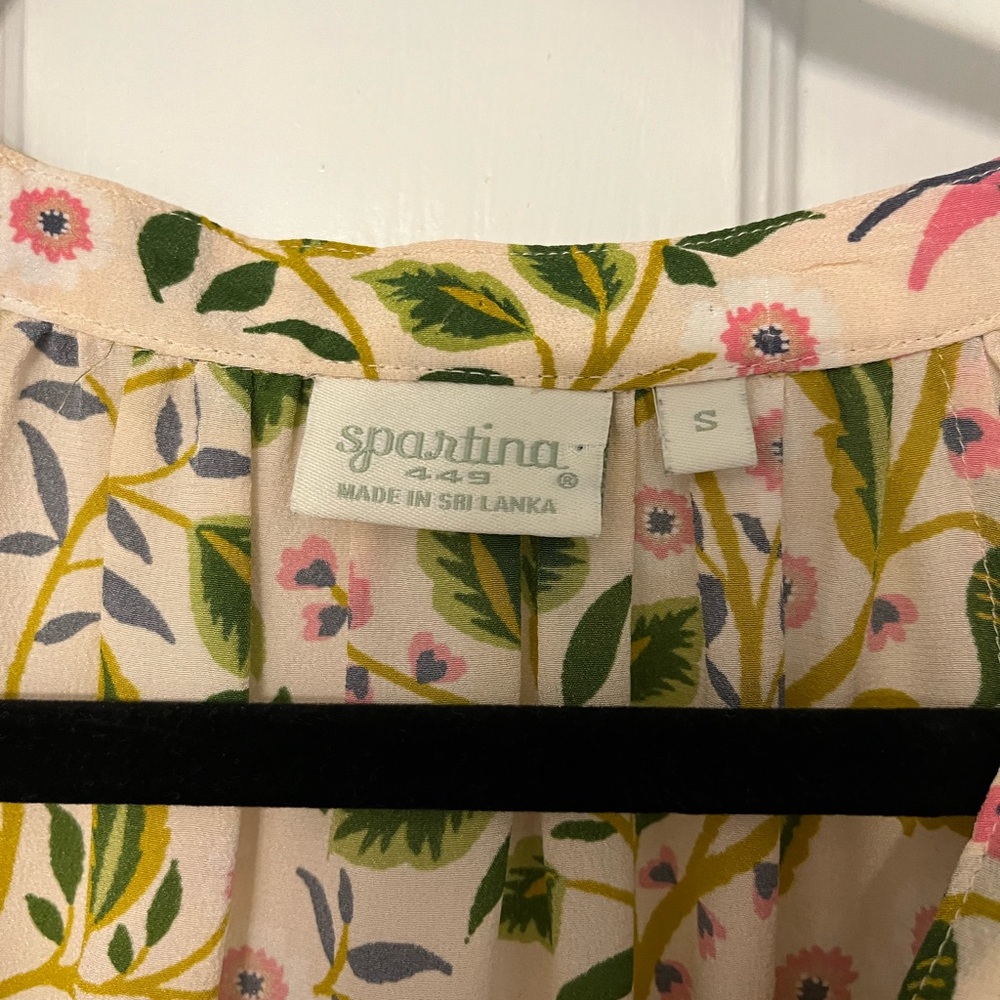 Spartina 449 Floral Vines Tie-Neck Blouse in Cream, Green, Pink - Picture 3 of 4